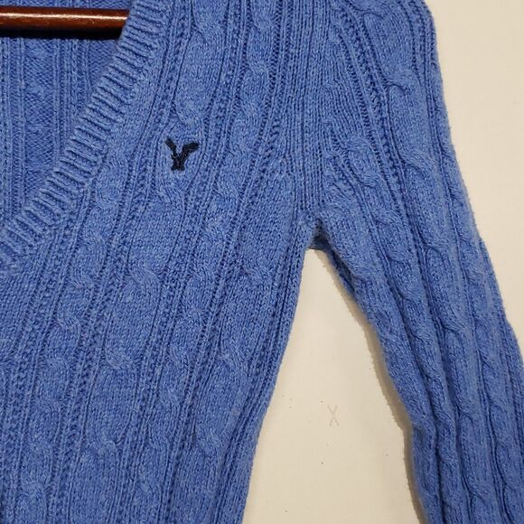 American Eagle Outfitters Sweater Womens S Y2K Cable Knit V Neck Vintage Blue - Picture 3 of 7